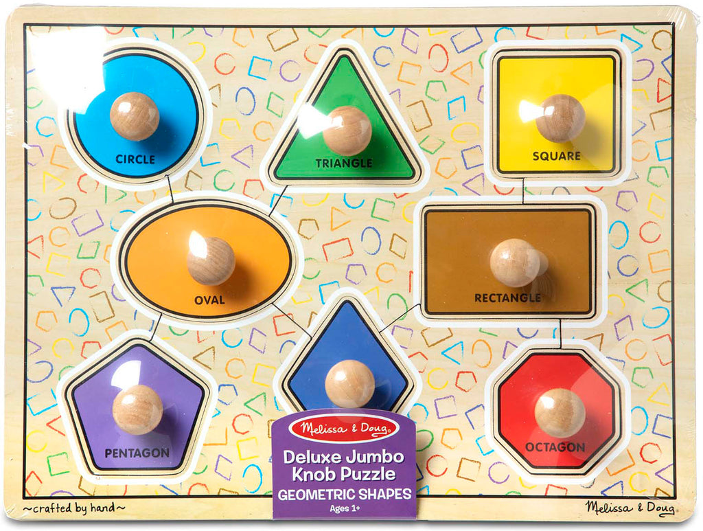 Deluxe Jumbo Knob Wooden Puzzle with 8 colorful geometric shapes for toddler learning