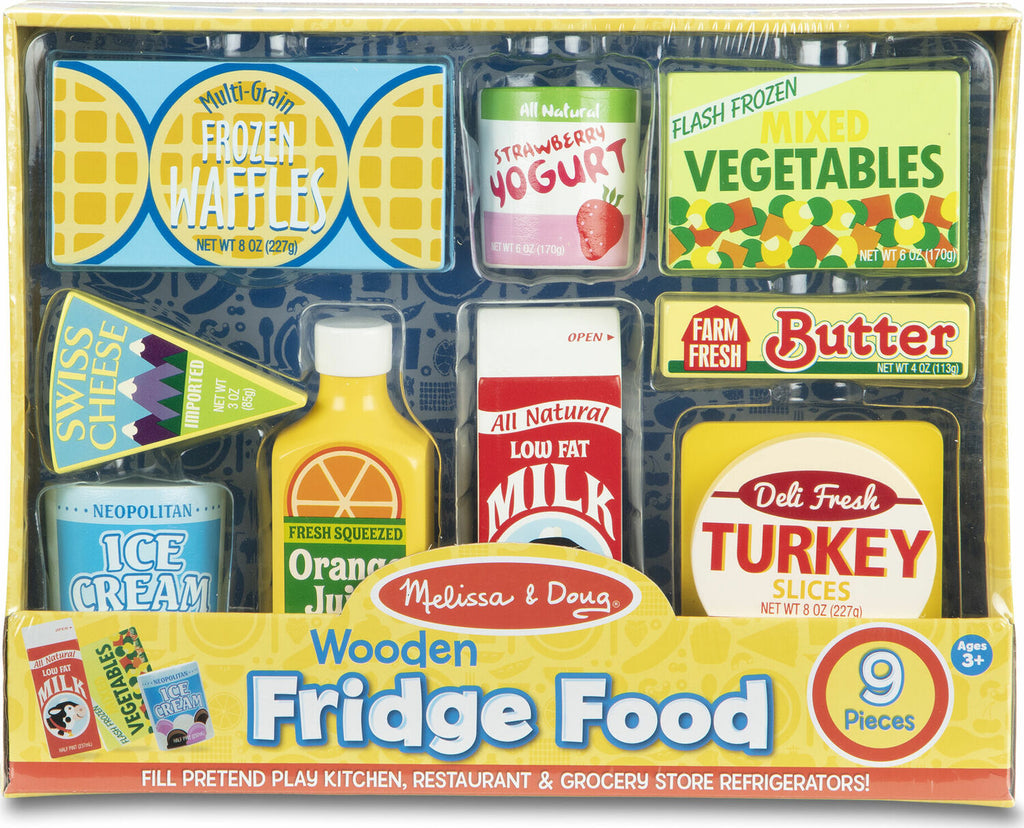 Fridge Food Set wooden play food with 9 pieces including milk, ice cream, cheese, yogurt and other refrigerated items