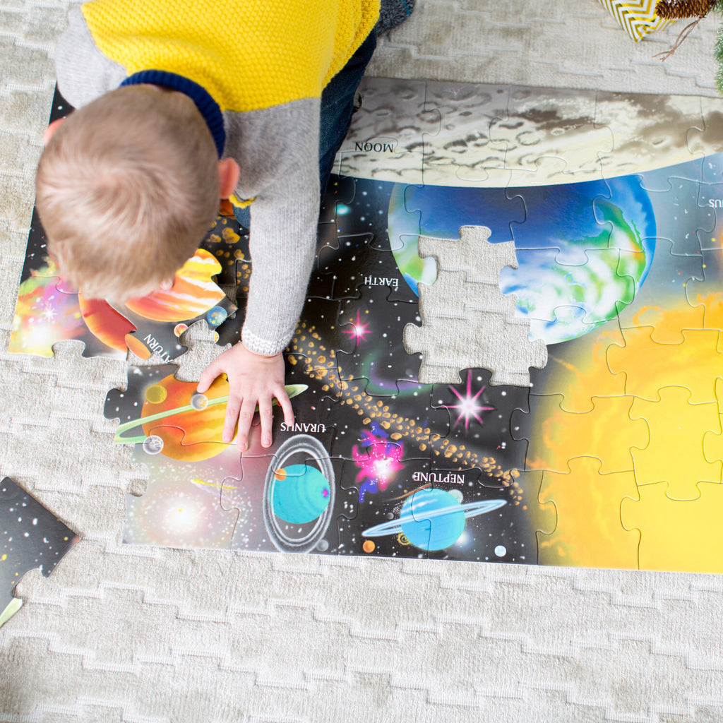 Solar System Floor Puzzle 48 pieces with beautifully illustrated planets and space themed cardboard pieces