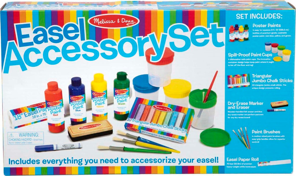 Melissa & Doug Easel Companion accessory set with paints, brushes, chalk, erasers, and art supplies