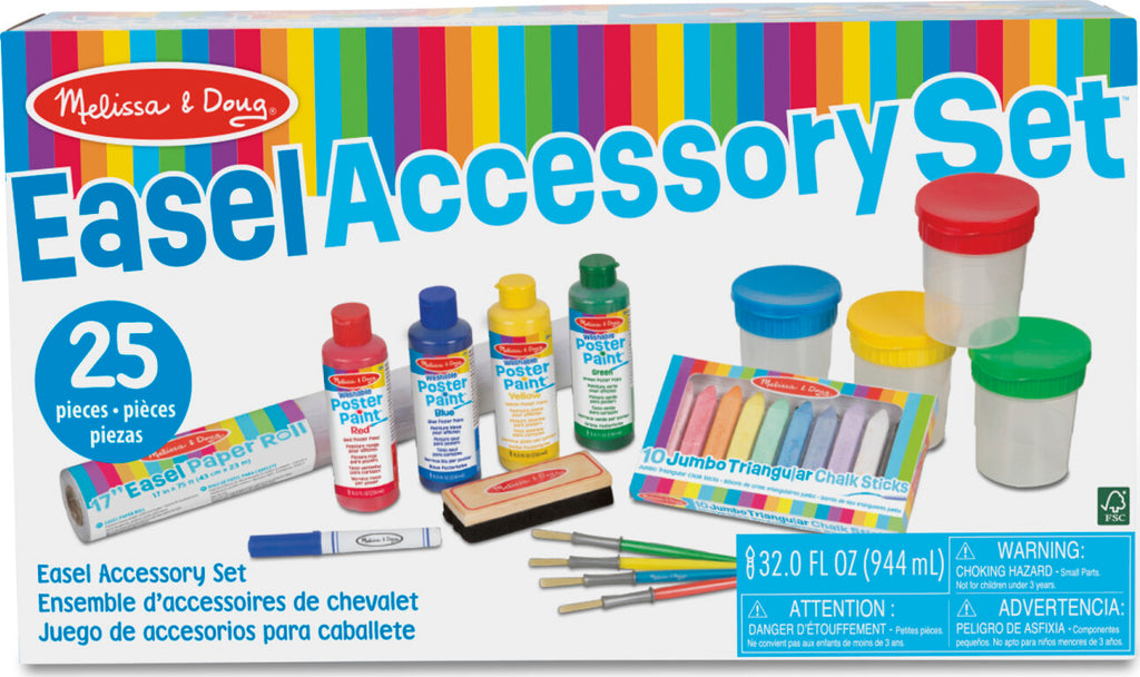 Melissa & Doug Easel Companion accessory set with paints, brushes, chalk, erasers, and art supplies