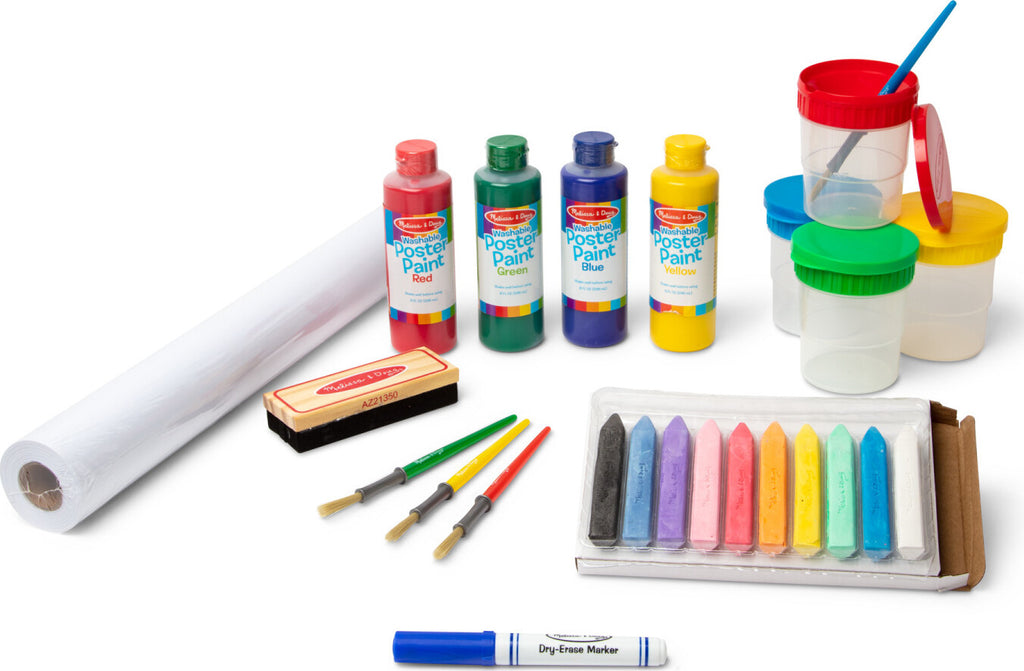Melissa & Doug Easel Companion accessory set with paints, brushes, chalk, erasers, and art supplies