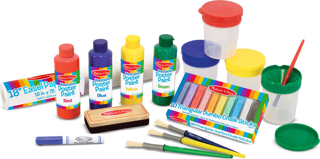 Melissa & Doug Easel Companion accessory set with paints, brushes, chalk, erasers, and art supplies