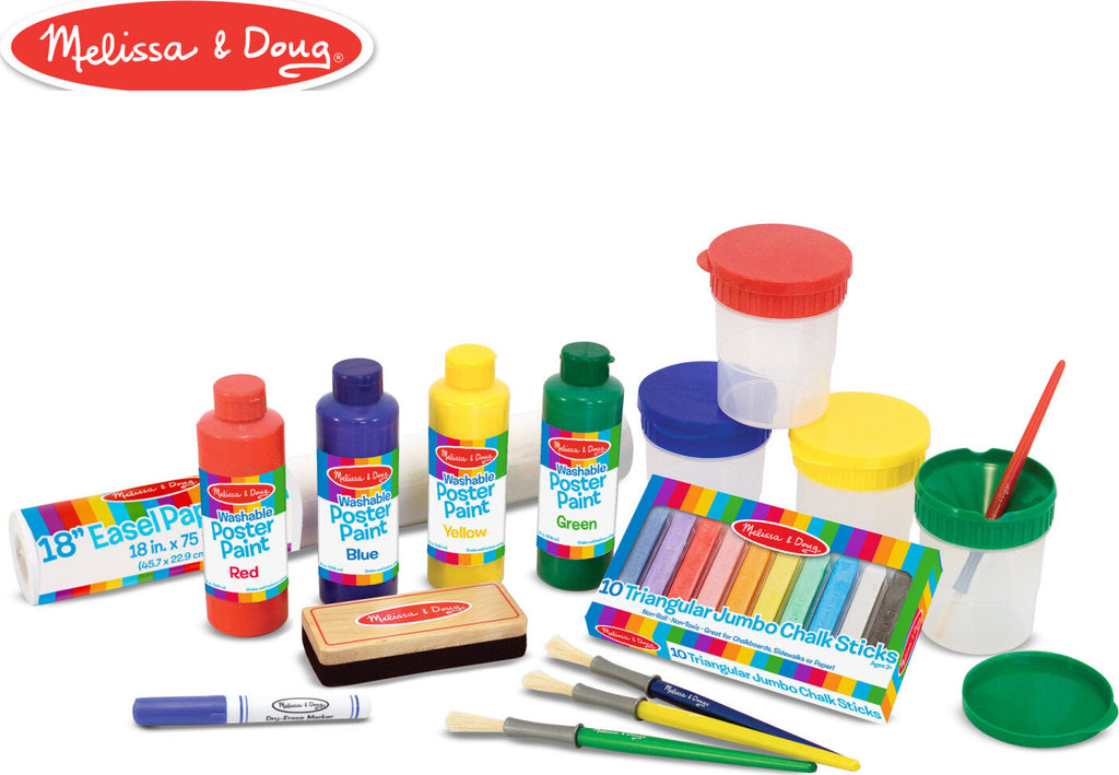 Melissa & Doug Easel Companion accessory set with paints, brushes, chalk, erasers, and art supplies
