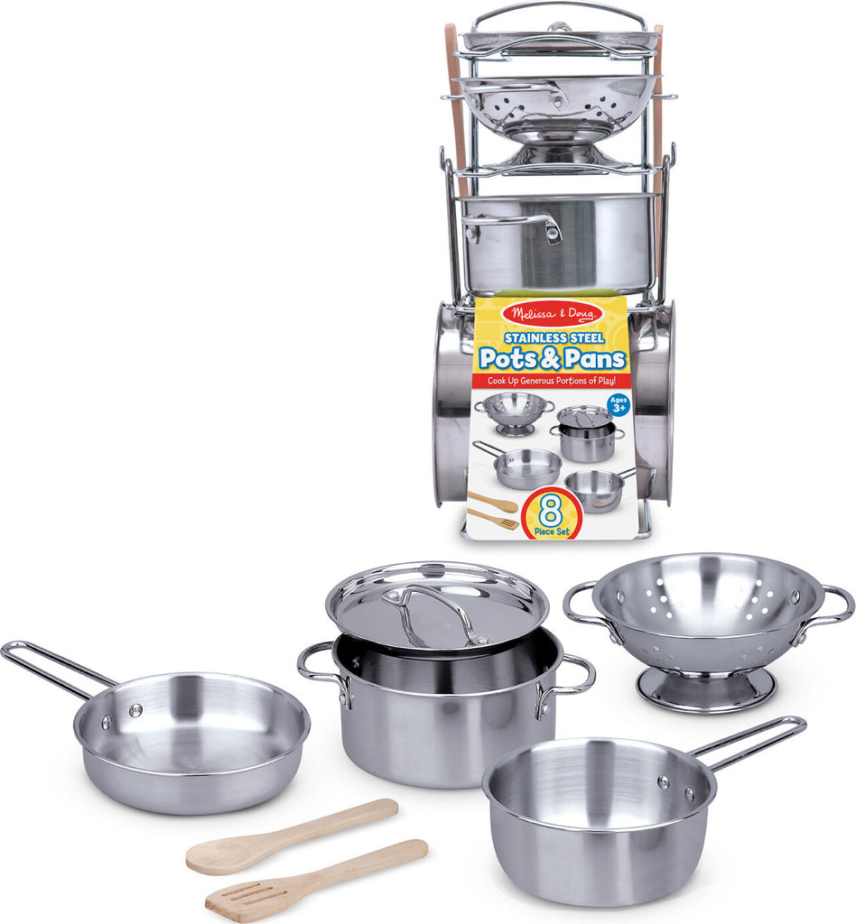 Let's Play House! Stainless Steel Pots & Pans Play Set with colander, three pans, storage rack and wooden utensils by Melissa & Doug