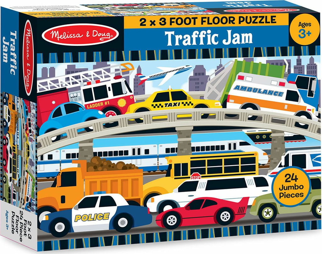 Traffic Jam Floor Puzzle with 24 pieces featuring busy street scene with vehicles