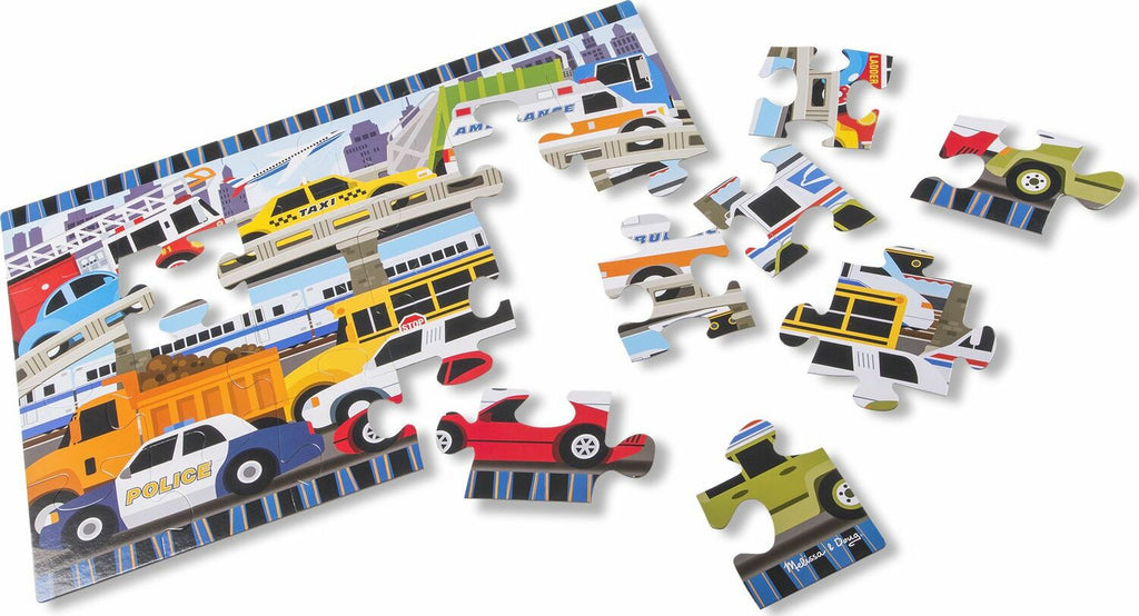 Traffic Jam Floor Puzzle with 24 pieces featuring busy street scene with vehicles