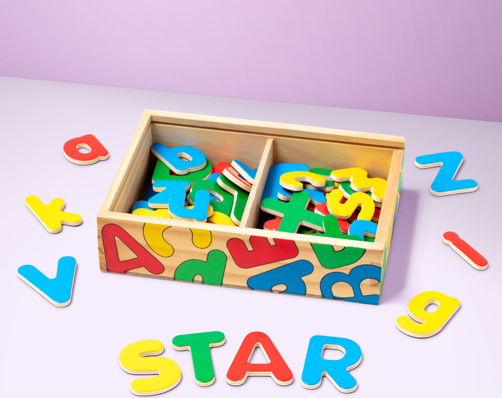 Wooden Letter Alphabet Magnets set with uppercase and lowercase letters for learning