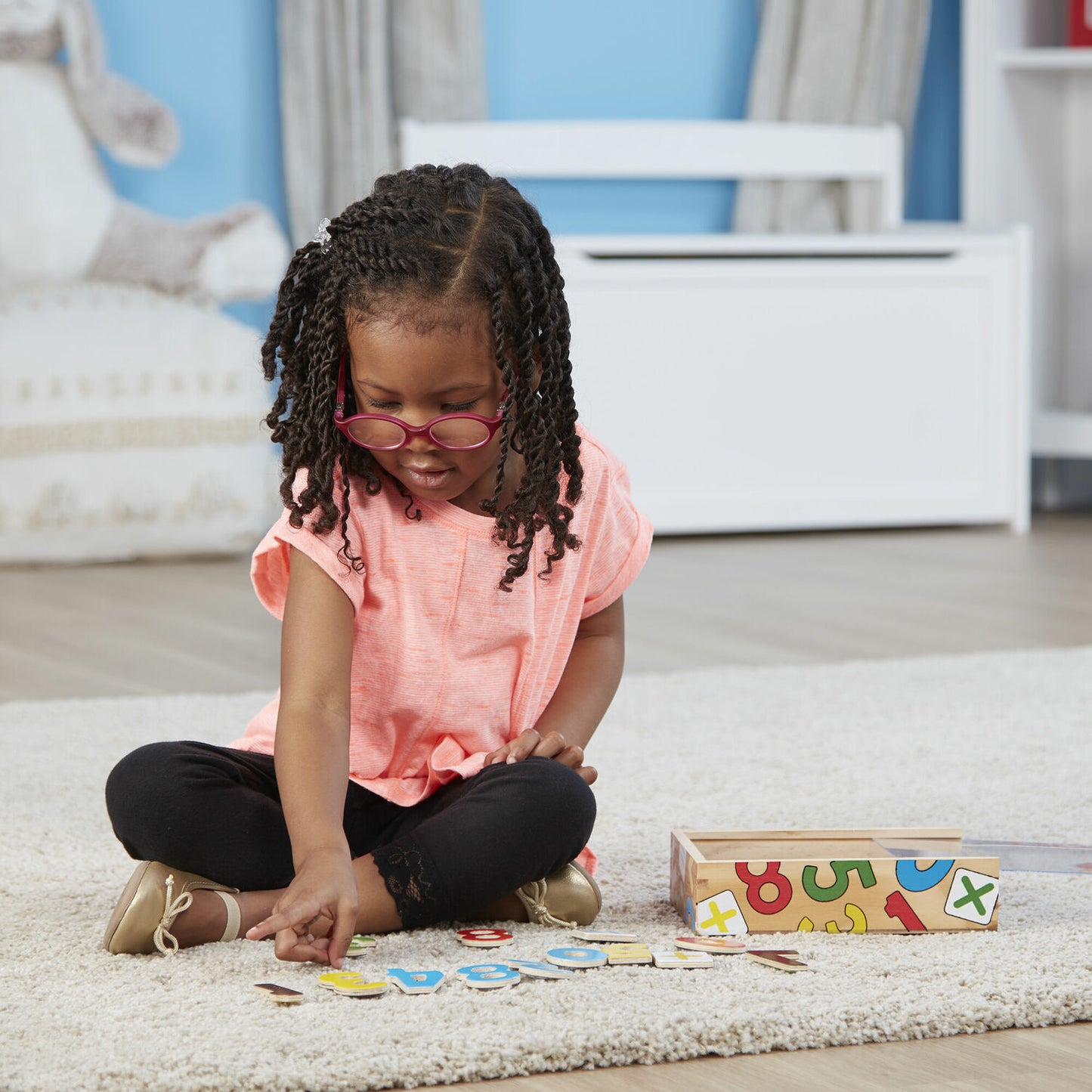Magnetic Wooden Numbers set with colorful wooden numerals 0-20 and math signs in wooden storage case for educational learning