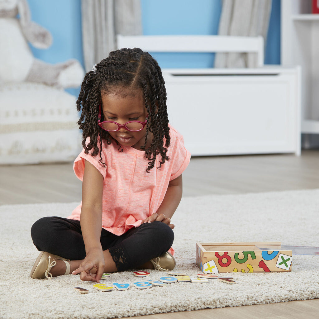 Magnetic Wooden Numbers set with colorful wooden numerals 0-20 and math signs in wooden storage case for educational learning