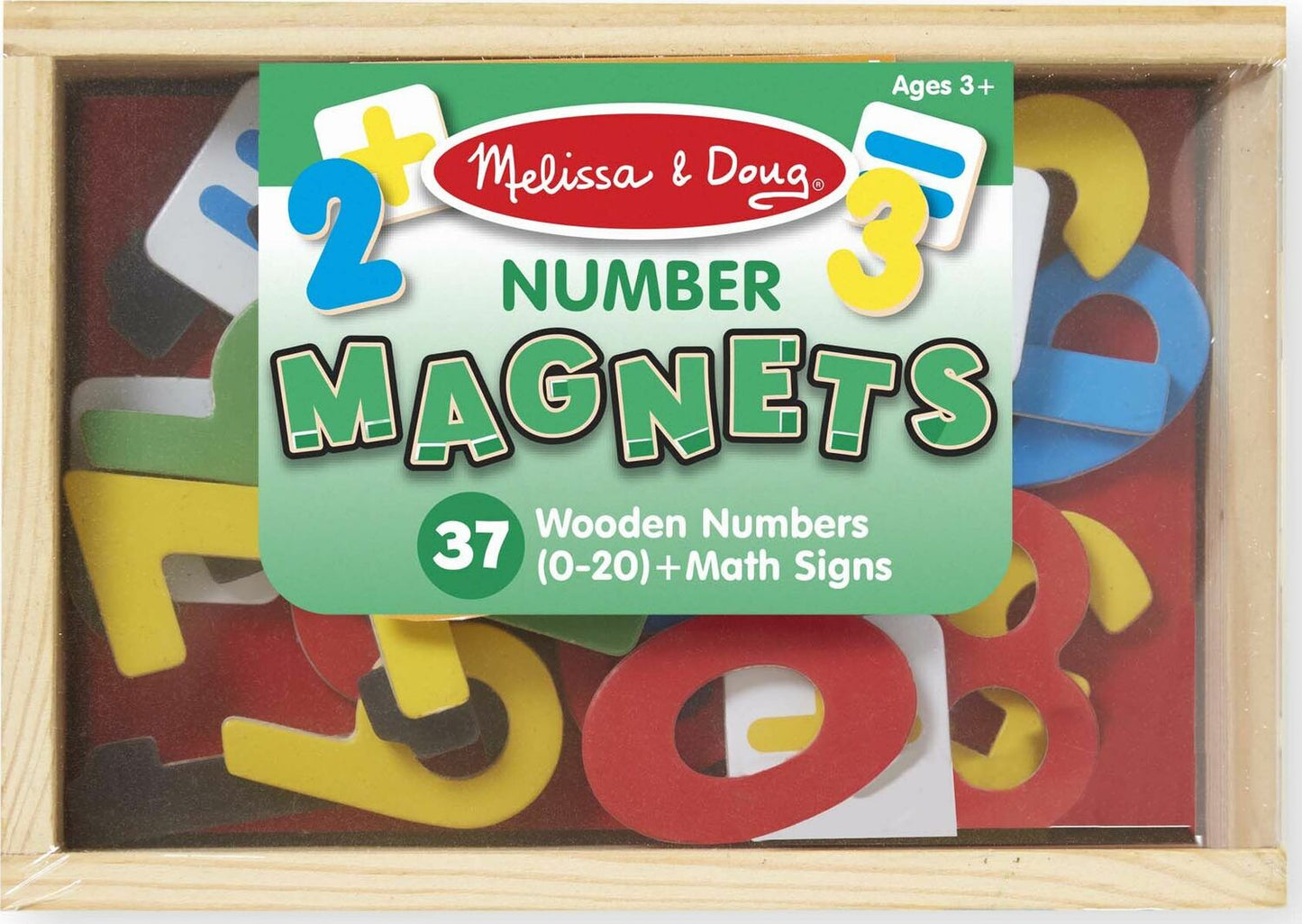 Magnetic Wooden Numbers set with colorful wooden numerals 0-20 and math signs in wooden storage case for educational learning