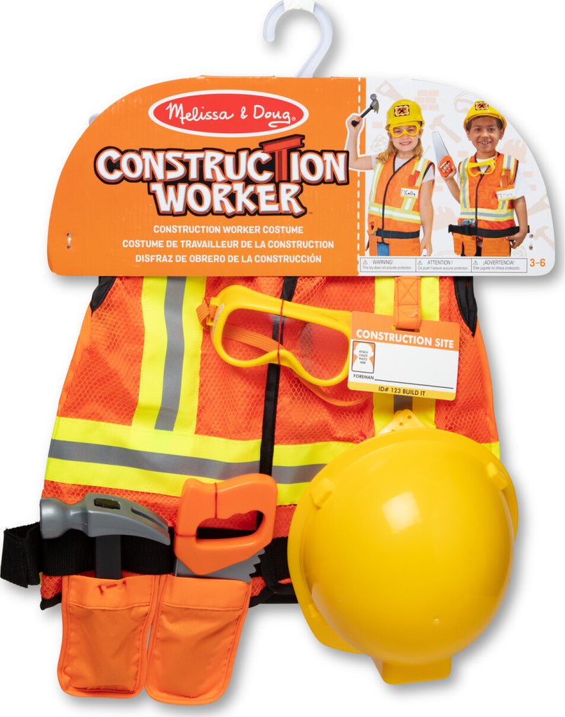 Construction Worker Role Play Costume Set with hard hat and tools for pretend play