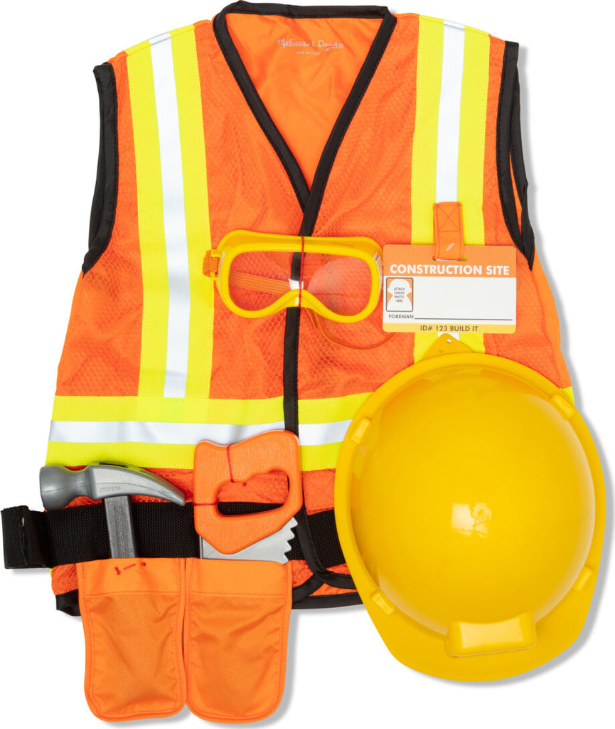 Construction Worker Role Play Costume Set with hard hat and tools for pretend play