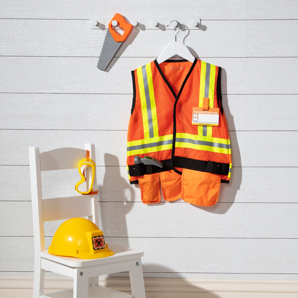 Construction Worker Role Play Costume Set with hard hat and tools for pretend play