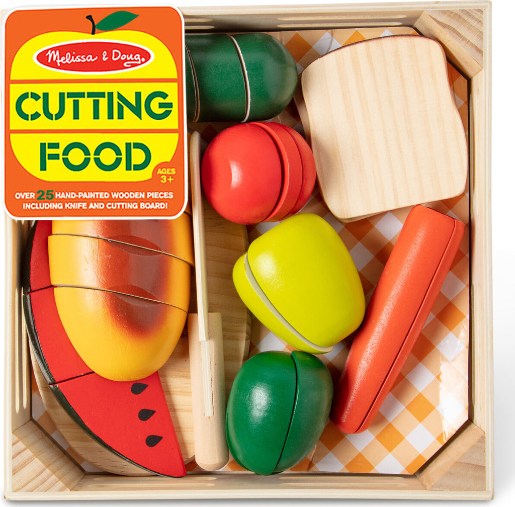 Cutting Food - Wooden Play Food set with eight pieces of wooden food, cutting board and wooden knife for pretend play