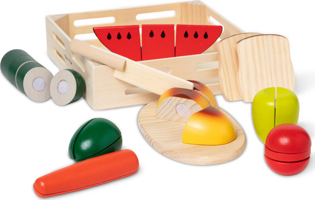 Cutting Food - Wooden Play Food set with eight pieces of wooden food, cutting board and wooden knife for pretend play