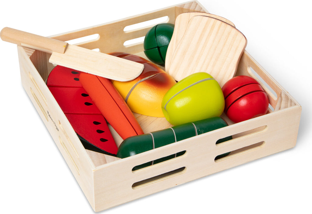 Cutting Food - Wooden Play Food set with eight pieces of wooden food, cutting board and wooden knife for pretend play