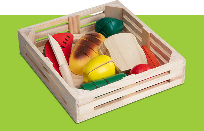 Cutting Food - Wooden Play Food set with eight pieces of wooden food, cutting board and wooden knife for pretend play