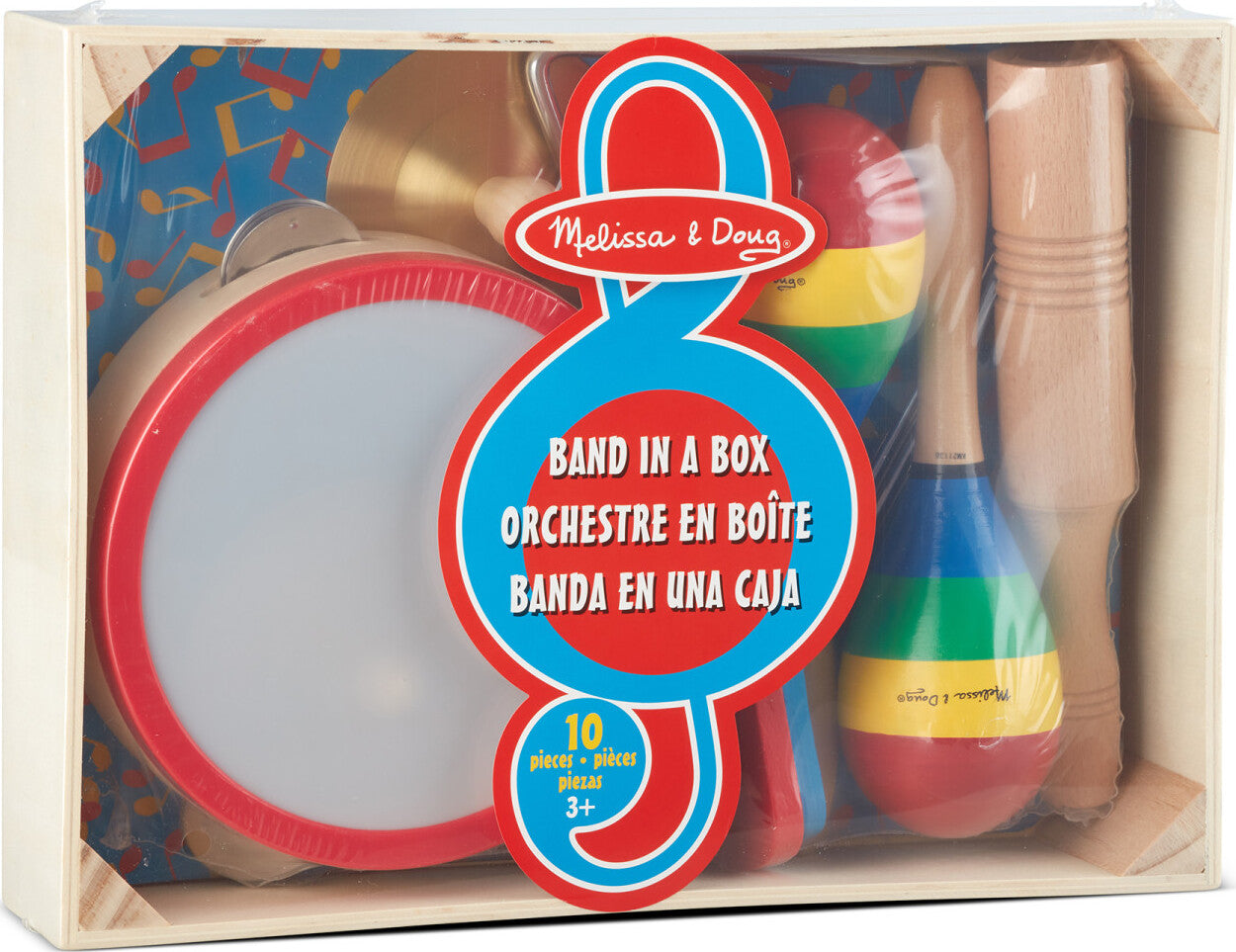 Band-in-a-Box musical instrument set with tambourine, cymbals, maracas, clacker, tone blocks and triangle for preschoolers