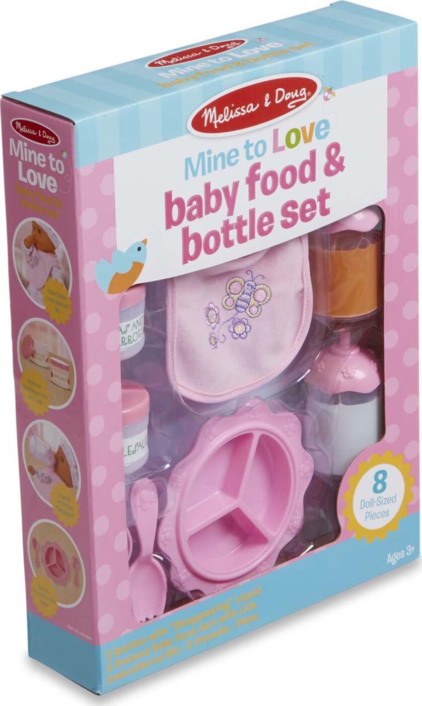 Melissa & Doug Mine to Love Baby Food & Bottle Set with bib, dishes, utensils, and pretend food