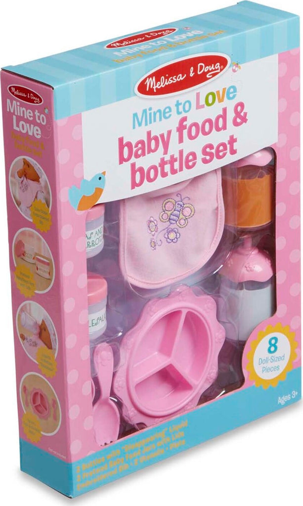 Melissa & Doug Mine to Love Baby Food & Bottle Set with bib, dishes, utensils, and pretend food