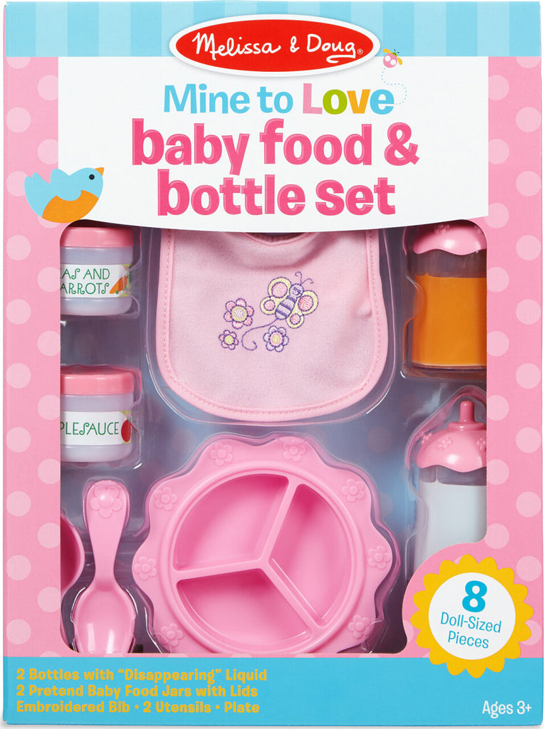 Melissa & Doug Mine to Love Baby Food & Bottle Set with bib, dishes, utensils, and pretend food