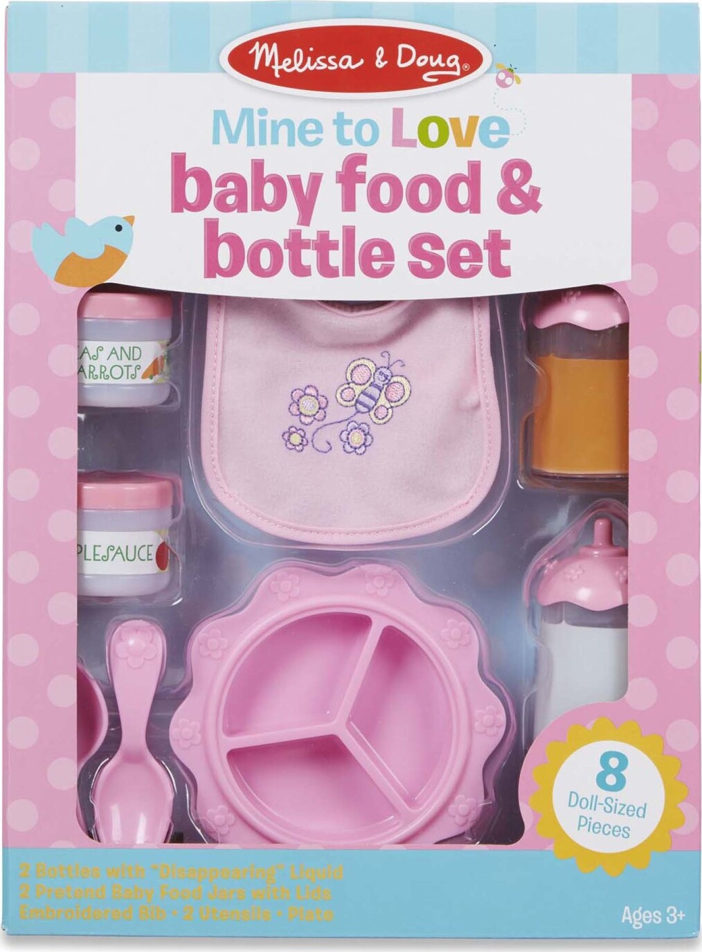 Melissa & Doug Mine to Love Baby Food & Bottle Set with bib, dishes, utensils, and pretend food