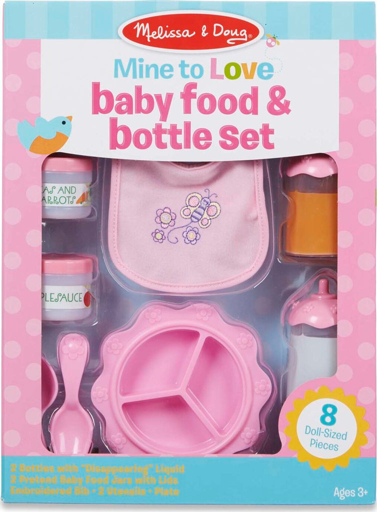 Melissa & Doug Mine to Love Baby Food & Bottle Set with bib, dishes, utensils, and pretend food