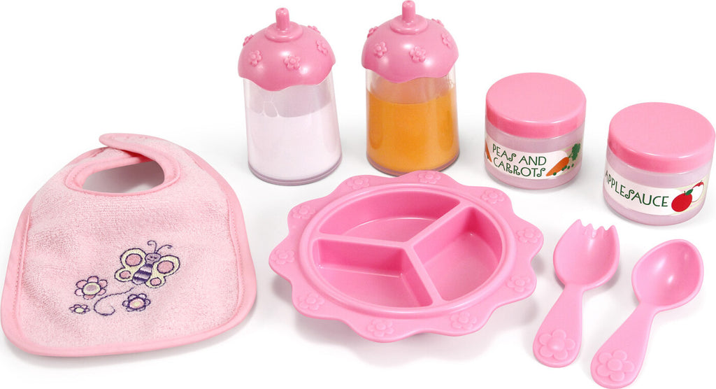 Melissa & Doug Mine to Love Baby Food & Bottle Set with bib, dishes, utensils, and pretend food