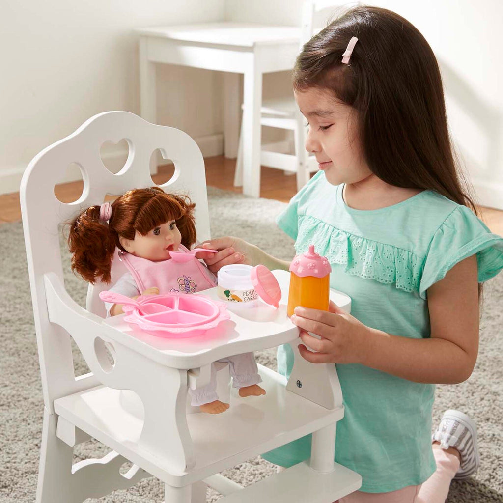 Melissa & Doug Mine to Love Baby Food & Bottle Set with bib, dishes, utensils, and pretend food