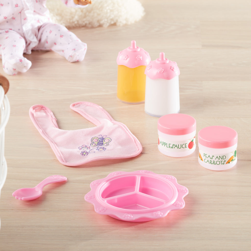 Melissa & Doug Mine to Love Baby Food & Bottle Set with bib, dishes, utensils, and pretend food