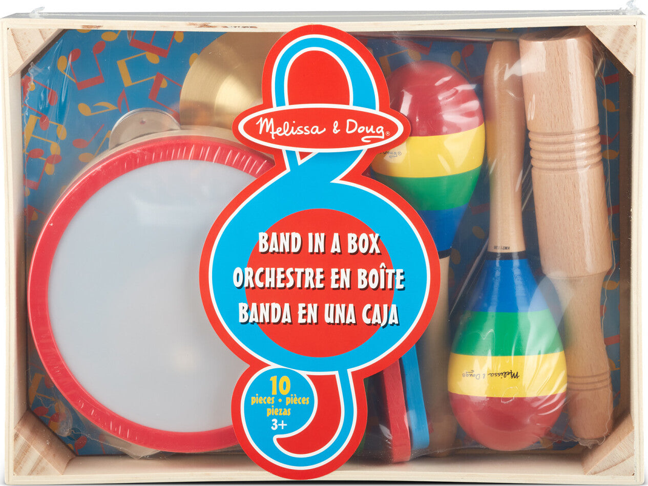 Band-in-a-Box musical instrument set with tambourine, cymbals, maracas, clacker, tone blocks and triangle for preschoolers