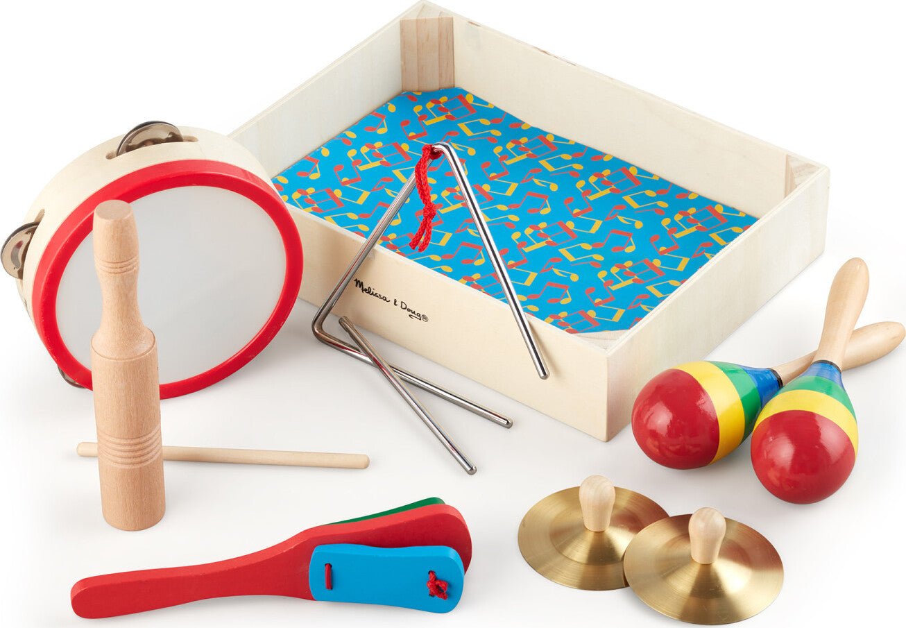 Band-in-a-Box musical instrument set with tambourine, cymbals, maracas, clacker, tone blocks and triangle for preschoolers