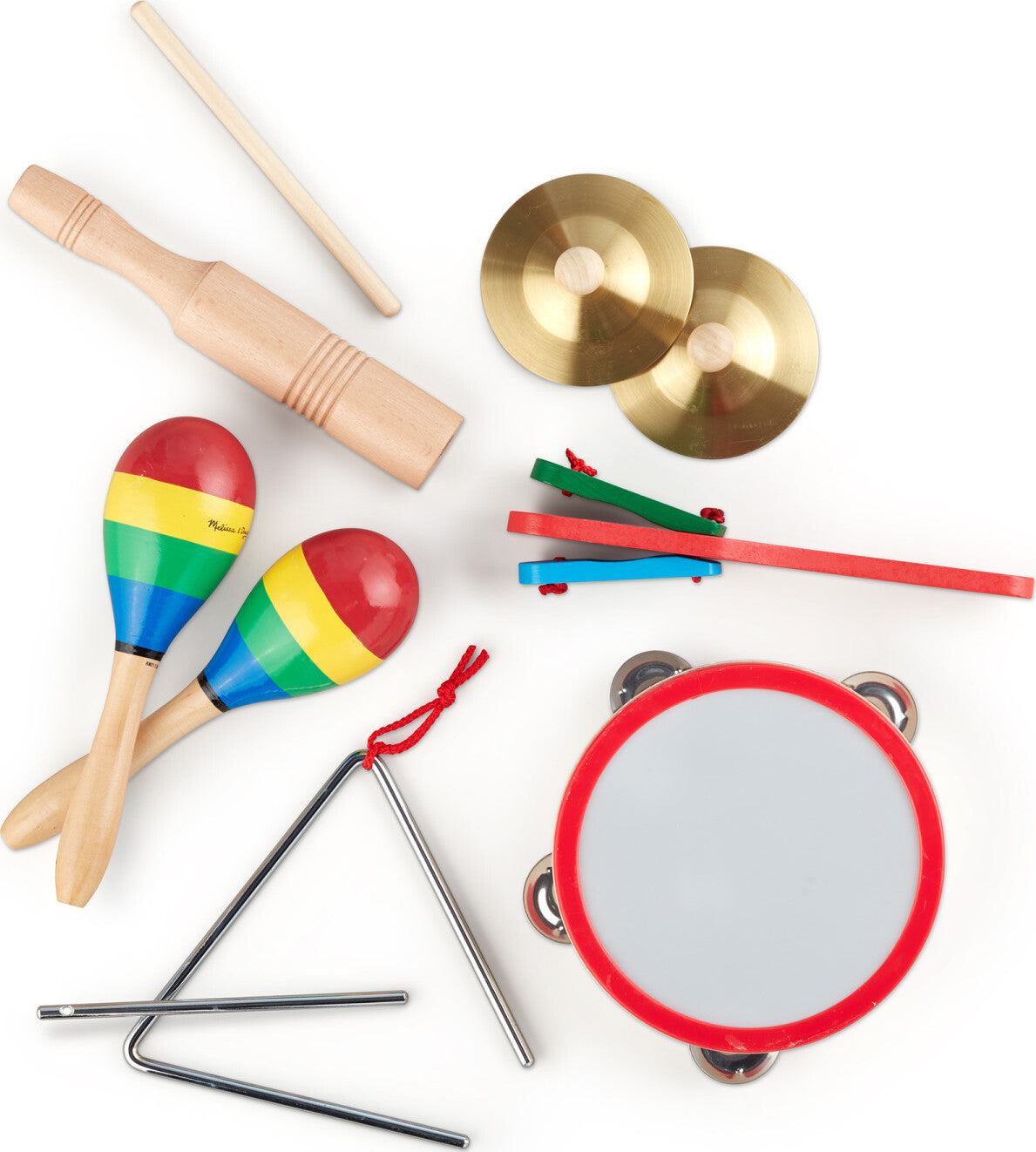 Band-in-a-Box musical instrument set with tambourine, cymbals, maracas, clacker, tone blocks and triangle for preschoolers