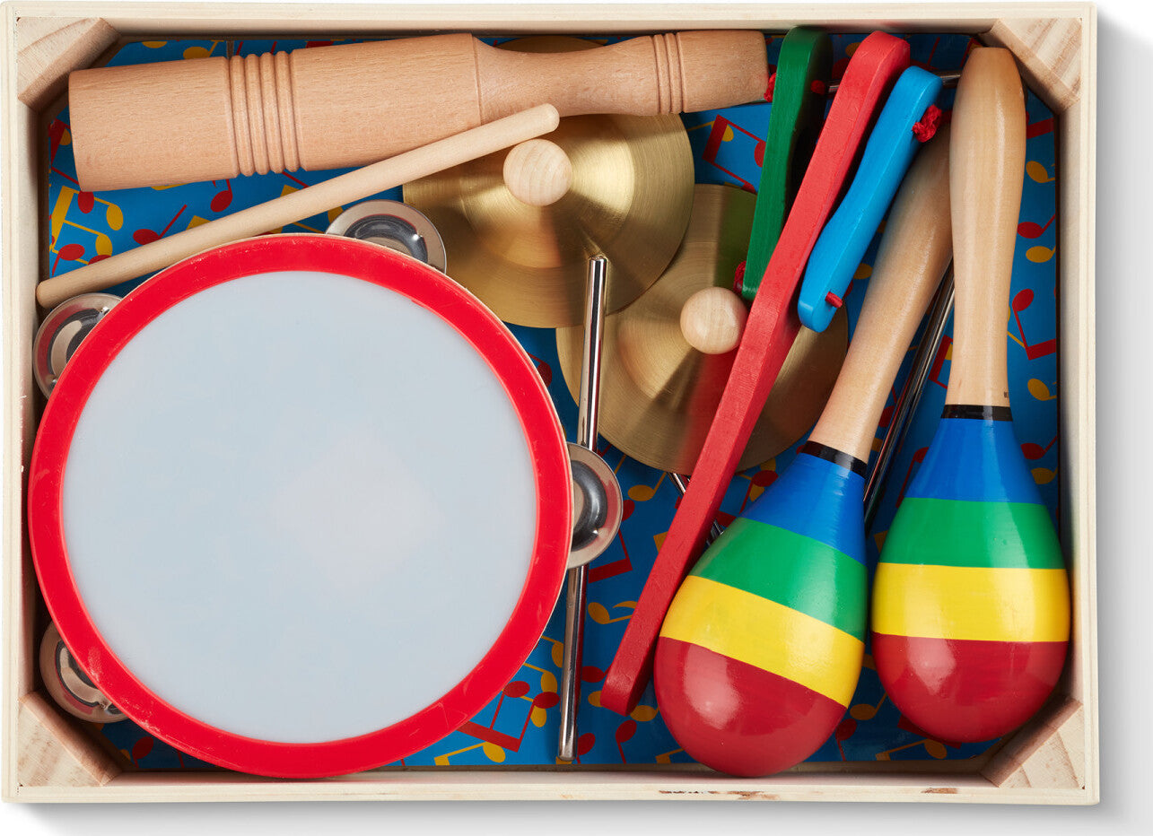 Band-in-a-Box musical instrument set with tambourine, cymbals, maracas, clacker, tone blocks and triangle for preschoolers