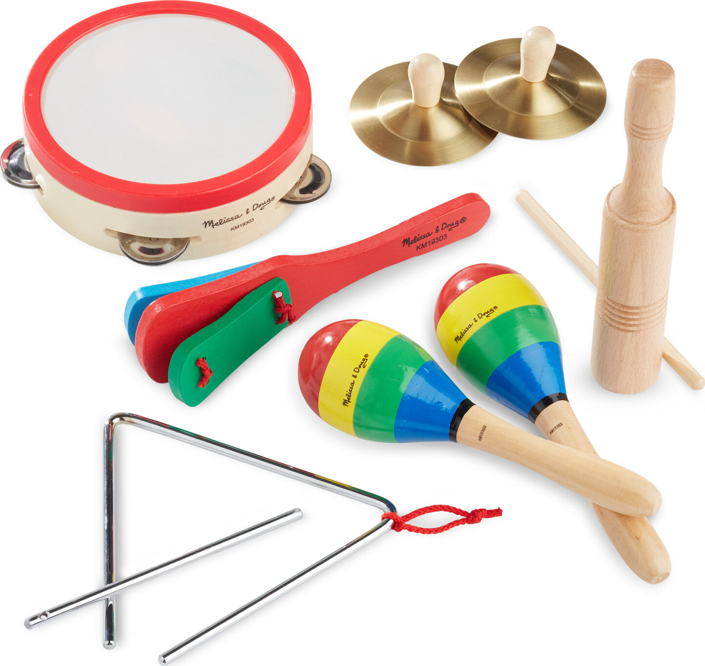 Band-in-a-Box musical instrument set with tambourine, cymbals, maracas, clacker, tone blocks and triangle for preschoolers