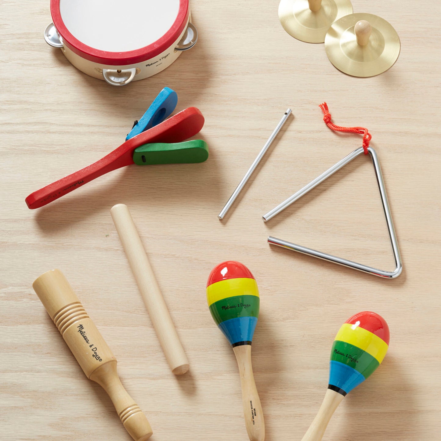 Band-in-a-Box musical instrument set with tambourine, cymbals, maracas, clacker, tone blocks and triangle for preschoolers