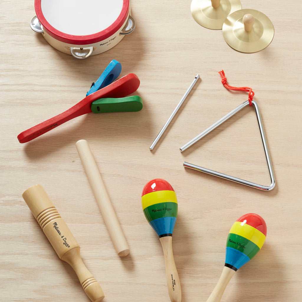 Band-in-a-Box musical instrument set with tambourine, cymbals, maracas, clacker, tone blocks and triangle for preschoolers