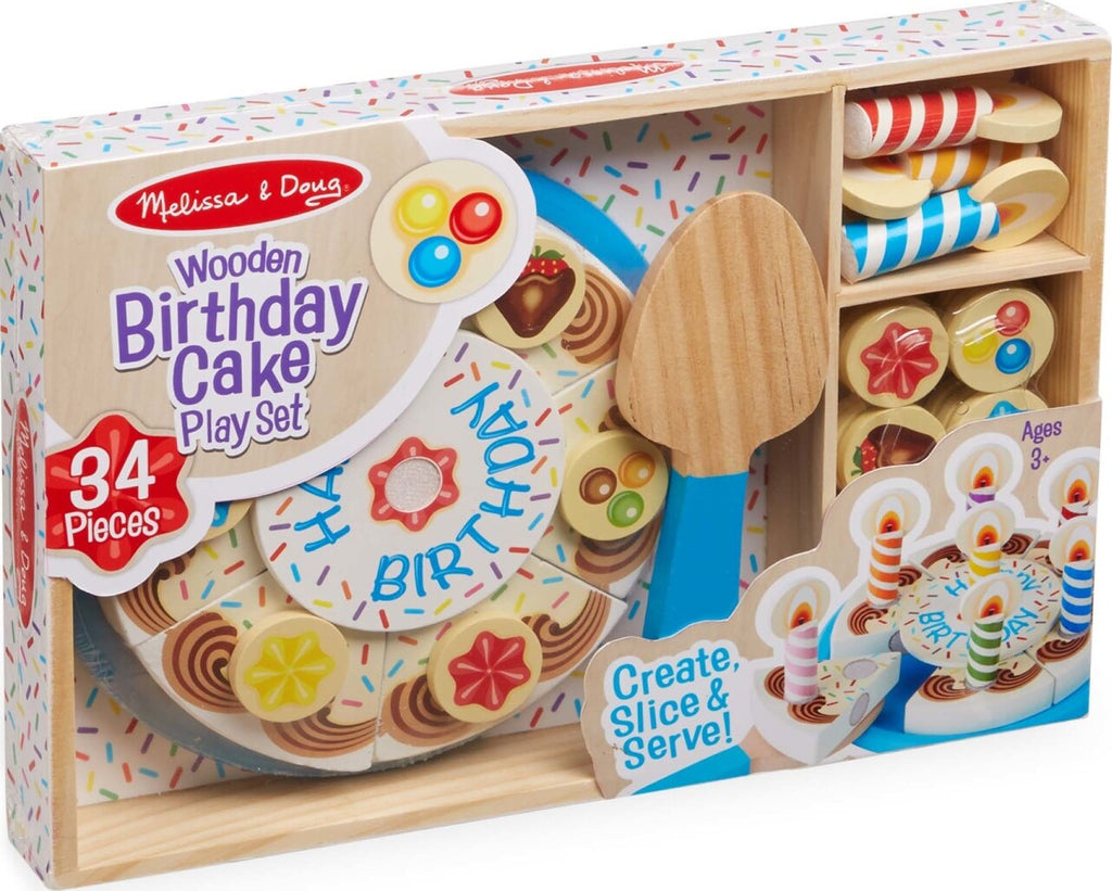 Birthday Party Wooden Play Food set with 6 cake slices, candles, toppings, cake plate and server with slicing sounds