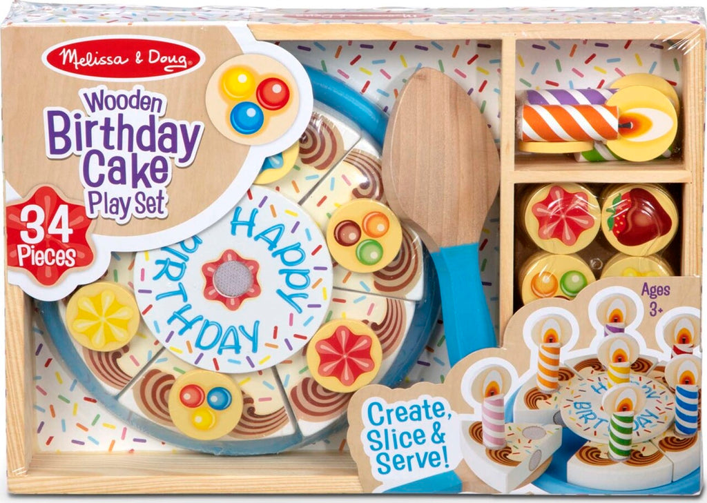Birthday Party Wooden Play Food set with 6 cake slices, candles, toppings, cake plate and server with slicing sounds
