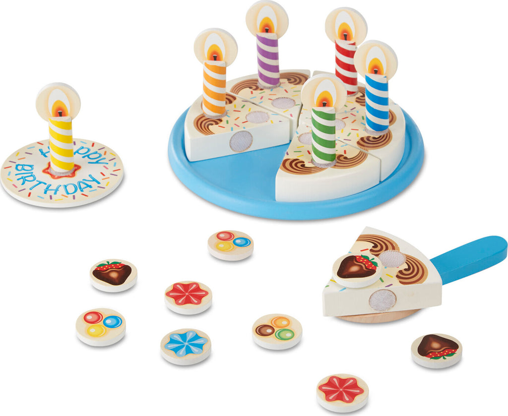 Birthday Party Wooden Play Food set with 6 cake slices, candles, toppings, cake plate and server with slicing sounds
