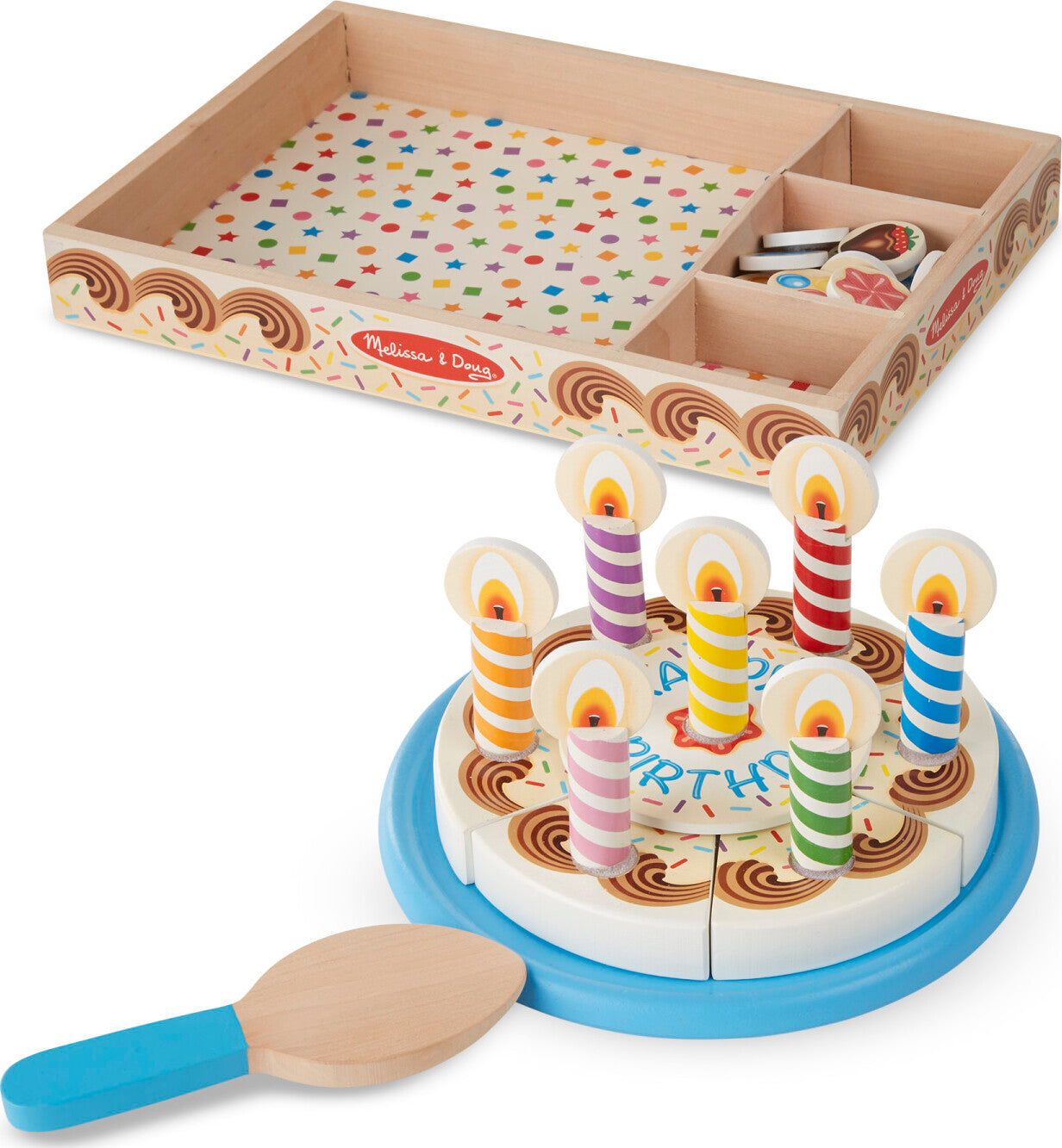 Birthday Party Wooden Play Food set with 6 cake slices, candles, toppings, cake plate and server with slicing sounds