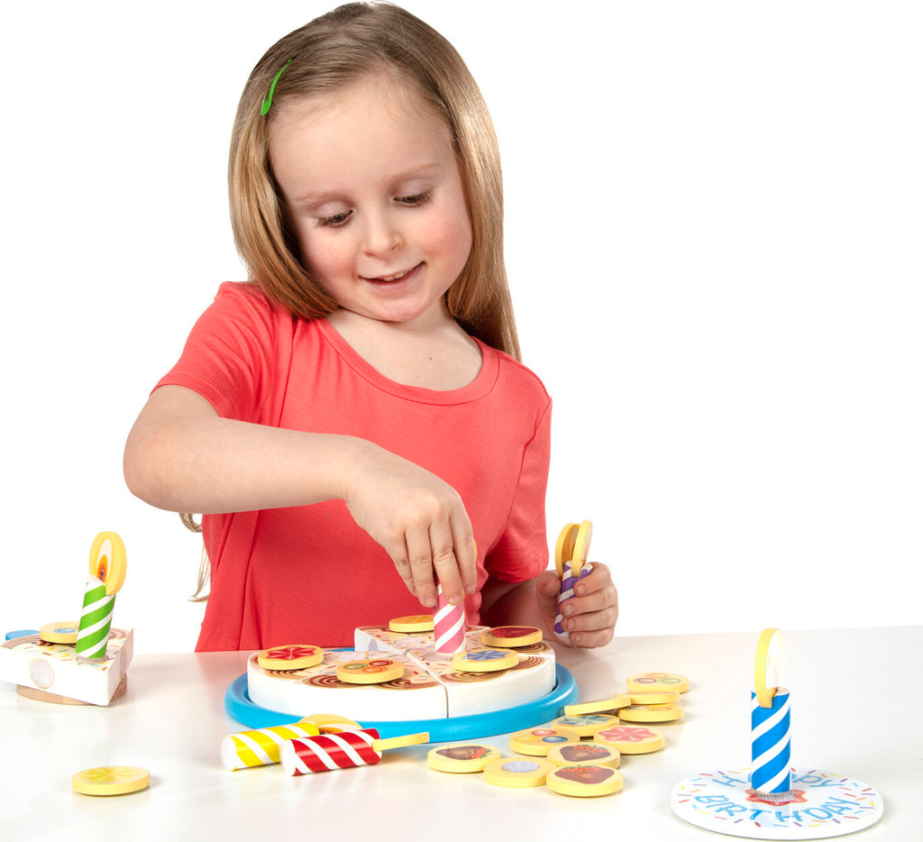 Birthday Party Wooden Play Food set with 6 cake slices, candles, toppings, cake plate and server with slicing sounds