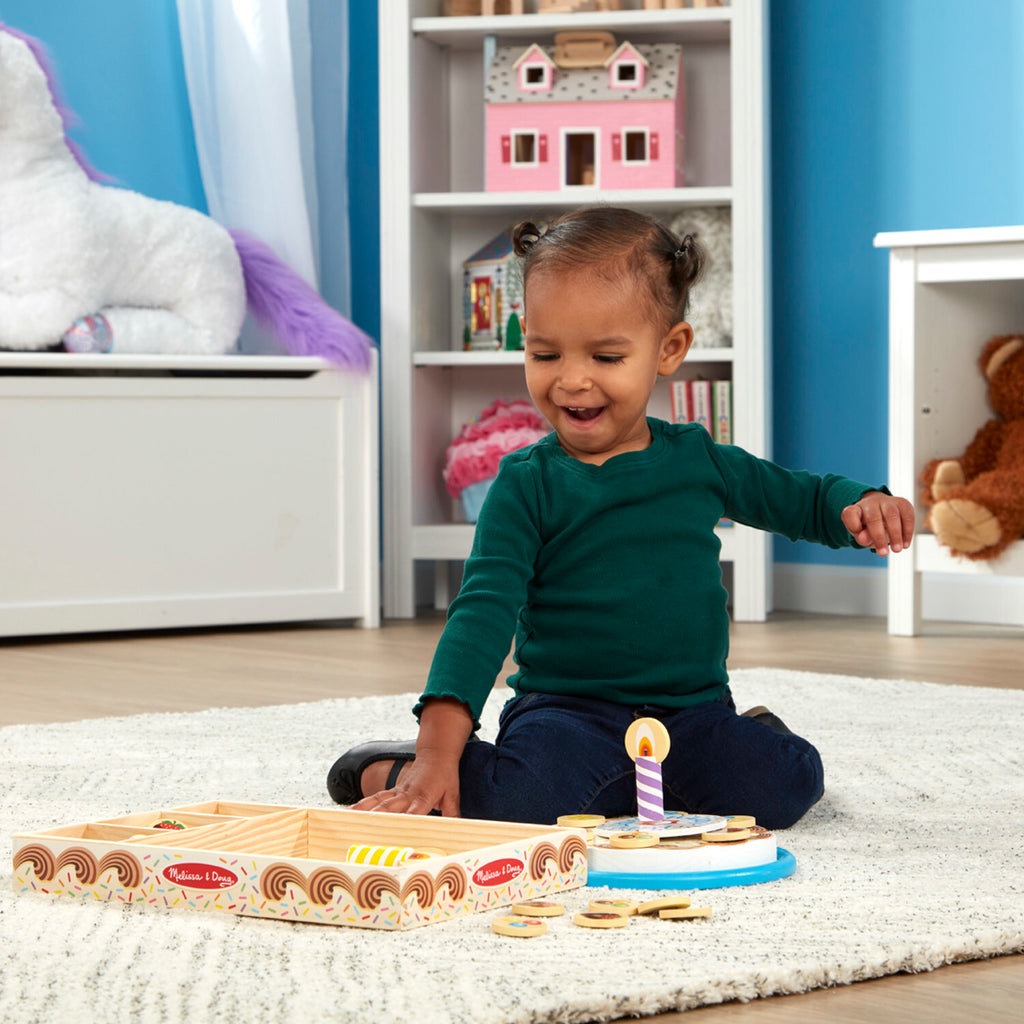 Birthday Party Wooden Play Food set with 6 cake slices, candles, toppings, cake plate and server with slicing sounds