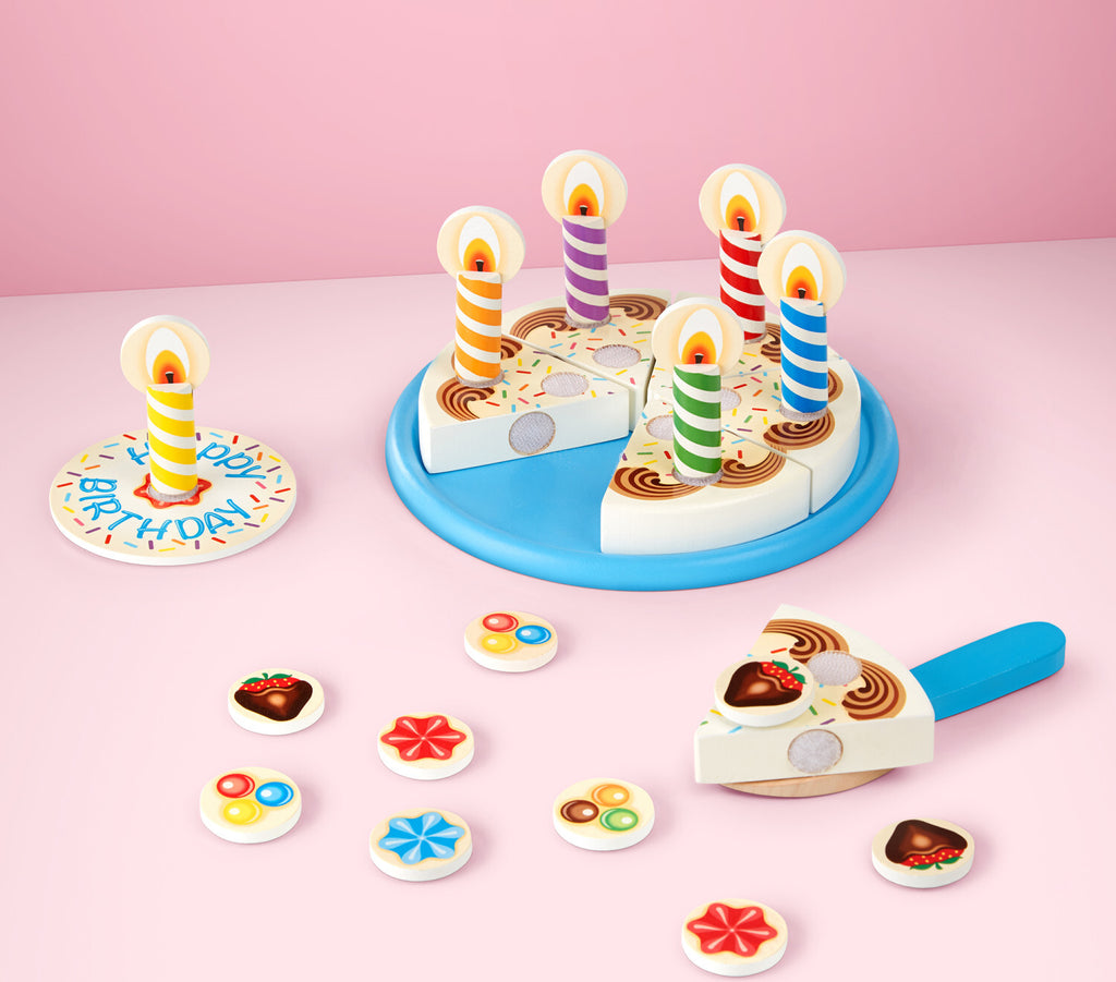 Birthday Party Wooden Play Food set with 6 cake slices, candles, toppings, cake plate and server with slicing sounds