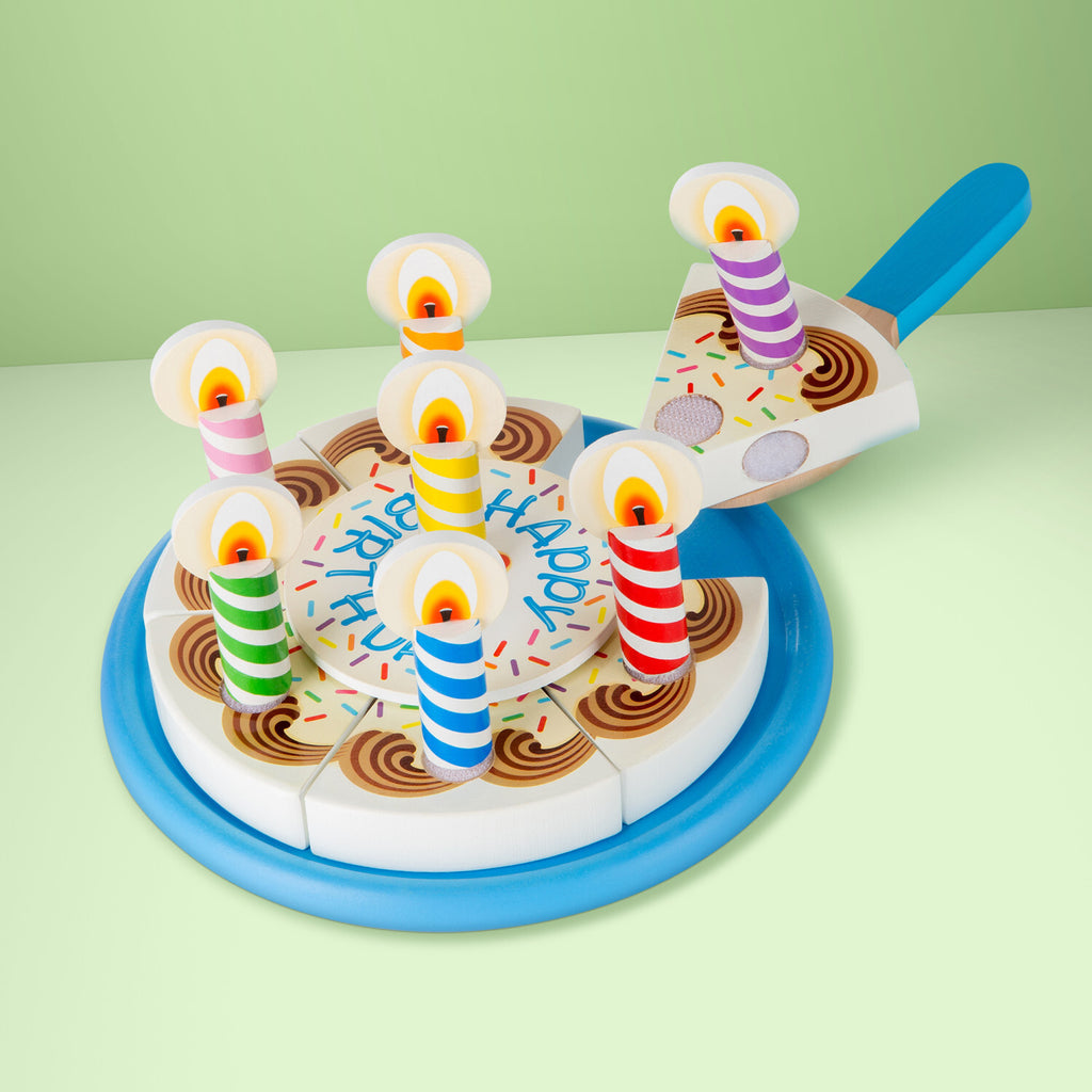 Birthday Party Wooden Play Food set with 6 cake slices, candles, toppings, cake plate and server with slicing sounds