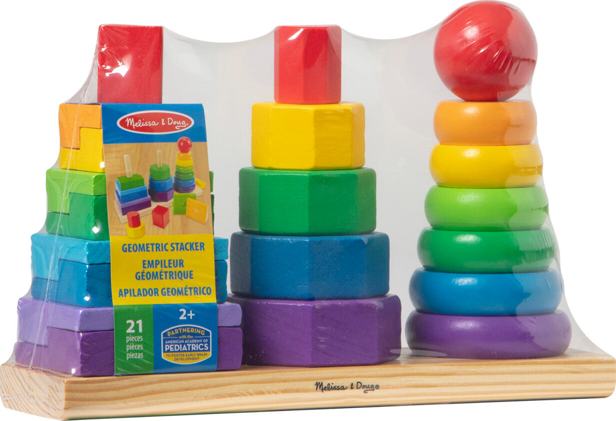 Melissa & Doug geometric stacker with colorful wooden shapes on three rods for learning and sorting