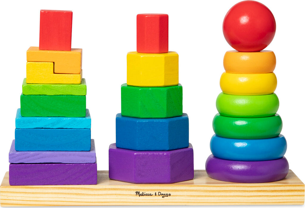Melissa & Doug geometric stacker with colorful wooden shapes on three rods for learning and sorting