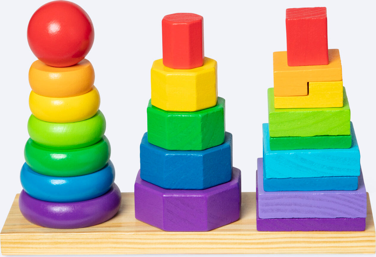 Melissa & Doug geometric stacker with colorful wooden shapes on three rods for learning and sorting