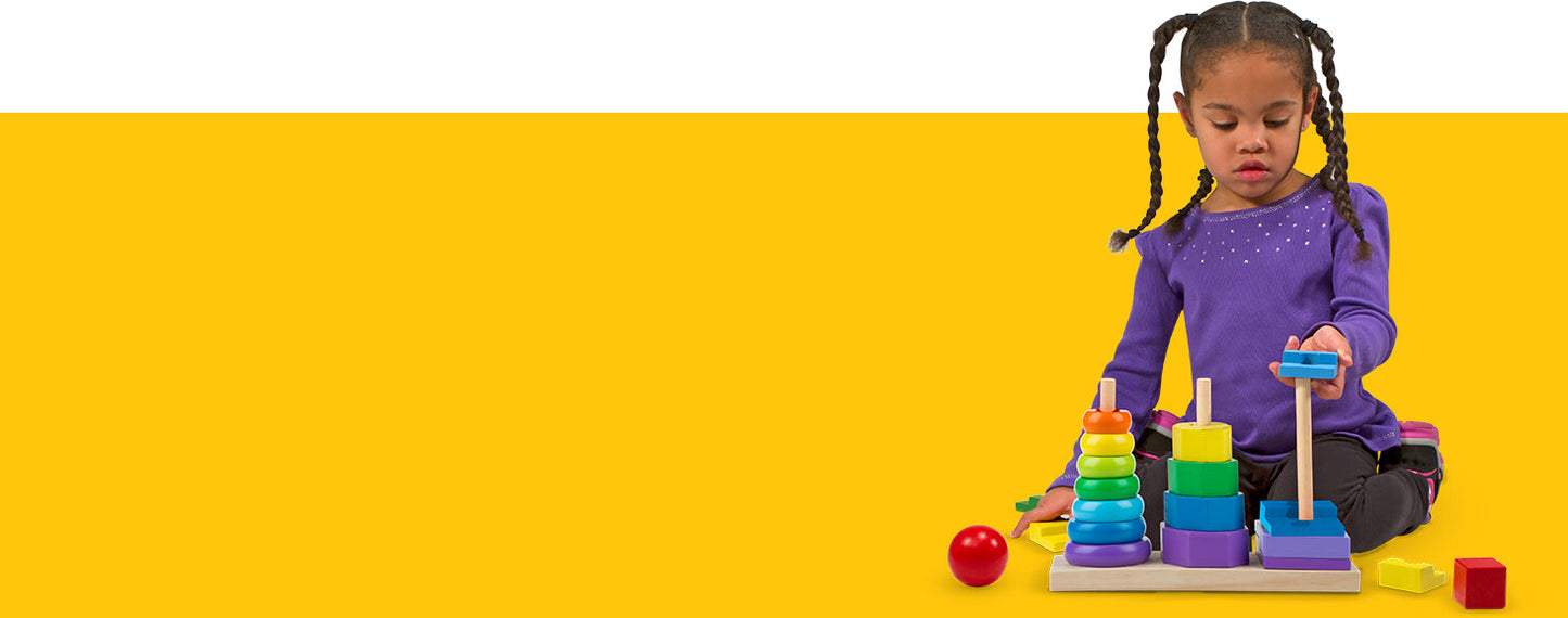 Melissa & Doug geometric stacker with colorful wooden shapes on three rods for learning and sorting